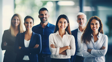 Diverse group of professional individuals posing together, symbolizing teamwork and corporate unity