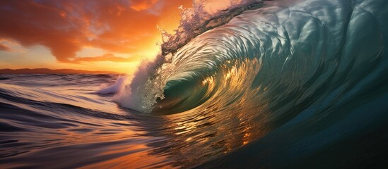 Poster - Stunning sunrise wave in the shorebreak with vibrant contrasts With copyspace for text