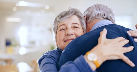 Sticker - Home, hug and senior couple with support, love and commitment with respect, smile and retirement in a lounge. Apartment, old man and elderly woman embrace, marriage and romance with care and trust