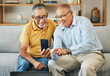 © aLListar/peopleimages.com - Home, friends and old men with a smartphone, typing and connection with social media, post and relax. Mature guys, digital app or pensioners with a cellphone, mobile user or contact with sms or email