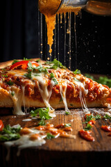 Wall Mural - Traditional Italian Pizza: A steaming hot slice of pizza dripping with melted cheese and colorful toppings, served with fresh tomato sauce