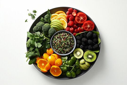 Vegan fruit platter with tomato orange strawberry berry kiwifruit broccoli in white background