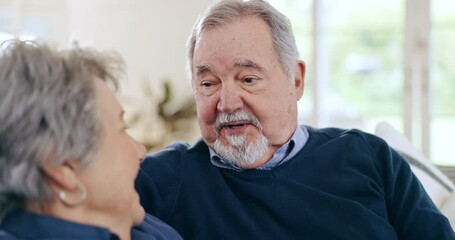 Wall Mural - Home, relax and senior couple with conversation, love and trust with support, respect and bonding in a lounge. Apartment, old man and elderly woman on a couch, retirement and talking with marriage