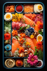 Wall Mural - Bento box of fresh fruits and vegetables. Japanese food, top view