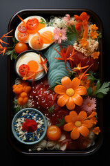 Wall Mural - Bento box of fresh fruits and vegetables. Japanese food, top view