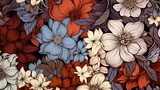 Fototapeta Kwiaty - Seamless pattern florals. Retro style linedrawn.
