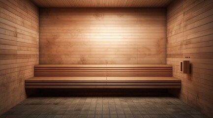 Front view of empty Finnish sauna room. Modern interior of wooden spa cabin with dry steam.