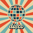 Retro groovy disco ball in trendy vintage colors with sunburst background. Disco vintage poster for retro 70s parties