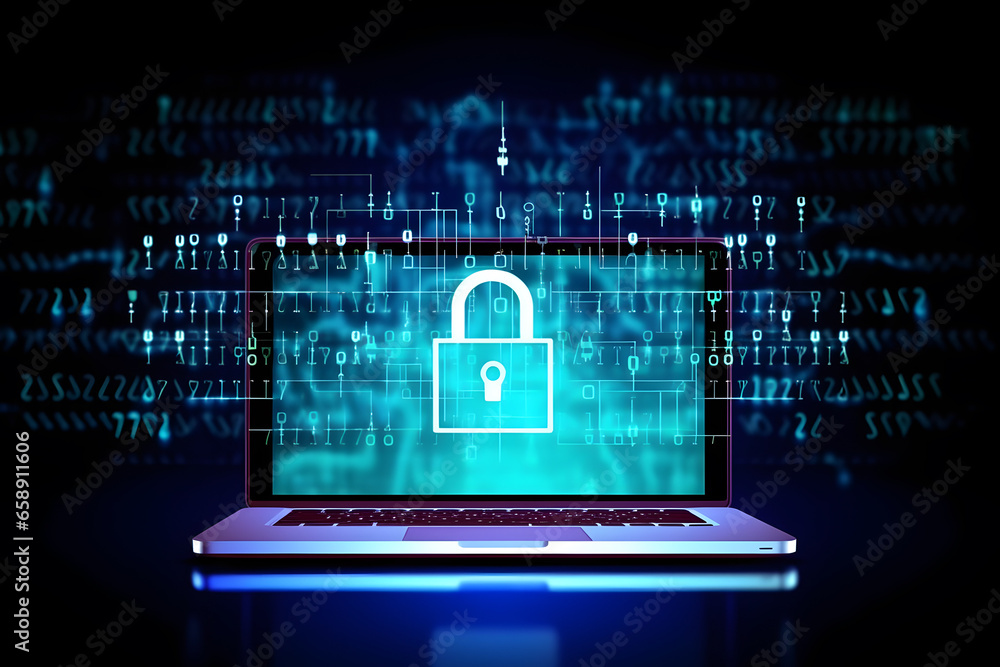 Security Keyhole On Computer Lock with key hole in the screen of laptop. Data security ...