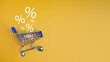 Sale percentage falling in shopping car on yellow background. Shopping online concept, Special price products, Specialand promotion.