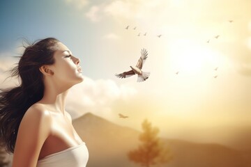 Wall Mural - Girl standing sideways among flying birds, freedom concept, AI generated