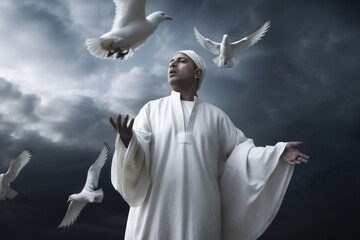 Canvas Print - Man standing among white birds, peace concept, AI generated