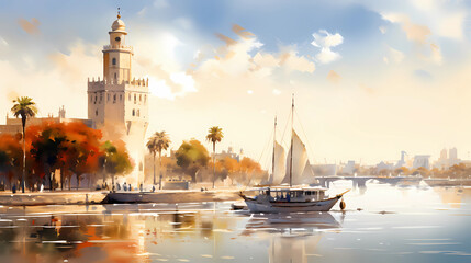 Wall Mural - Illustration of beautiful view of the city of Sevilla, Spain