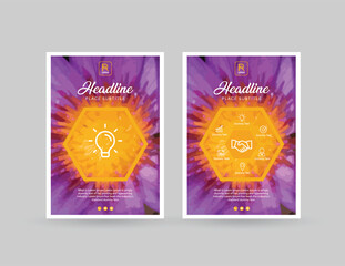 Wall Mural - Flyer brochure cover template design, poster, purple and yellow flower background, A4, Vector illustration