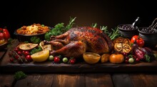 Traditional Thanksgiving turkey dinner. Top view table scene on a dark wood banner background