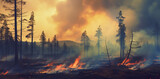 Fototapeta  - Wildfires or forest fire burning with a lot of smoke. Forest fire in progress. Fire. Large flames. 