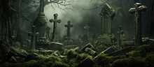 Overgrown Cemetery With Dark Celtic Cross Tombstones With Copyspace For Text
