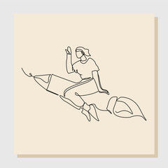 Wall Mural - Continuous line drawing art of business woman riding flying rocket up. Vector illustration single one line of woman success launching startup business. Booster business growth line art design.