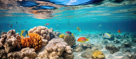 Wall Mural - Caribbean sea contains vibrant marine life coral reef starfish colorful fish With copyspace for text