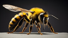 Close-up Detail On A Bee Pollinating Flower On A Black Background. Most Important Animals On The Planet.