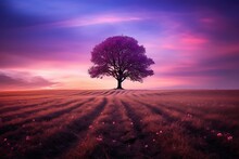 Lonely Tree In A Field On A Purple Sunset Background.