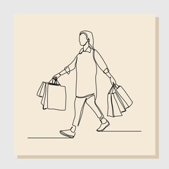 Wall Mural - Continuous line drawing art of happiness woman holding paper shopping bags. Vector illustration single one line of shopper big sale consumerism concept