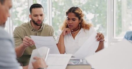 Canvas Print - Business people, documents or teamwork finance meeting for company growth ideas, investment data analysis or office budget planning. Talking financial workers, men or women with insurance bank paper