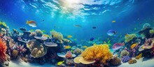 Underwater Ecosystem With Vibrant Fish And Coral Reef Offering Panoramic Views