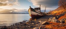 Abandoned Fishing Boat On The Barents Sea Shore In Teriberka Russia With Copyspace For Text