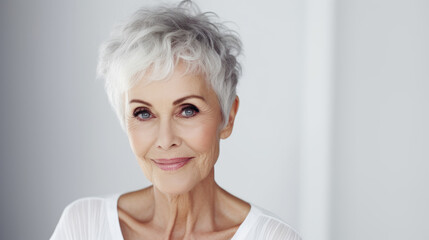 Close up portrait of beautiful older smiling woman in the studio on white background with copy space