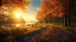 he sun rising over an autumn area with golden leaves