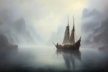 Sailing viking row ships on river. Drakkar, longships. Scandinavian warrior Generative ai