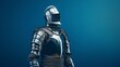 medieval knight in shiny metal armor on a blue background