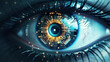 An intense close-up of a digital eye concept featuring an abstract retina and pupil