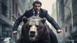© Vlad - An illustration of a bearish investor concept, featuring a man in a business suit riding a bear through the city streets