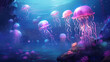 A group of jellyfish swimming in a blue sea.