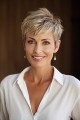 Wall Mural - Portrait of beautiful gorgeous 50s mid elderly tanned modern woman with short haircut in white blouse on brown background, Vertical format