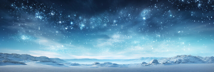 Panoramic snowy background at night, winter wonderland, snow-covered trees, sky and stars