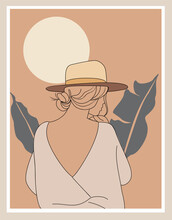 Modern Woman Wall Art, Abstract Female Print, Boho Girl Wall Decor, Mid Century Wallpaper Design With Stylish Woman In Hat And Tropical Leaves. Vector Illustration In Earthy Tones.