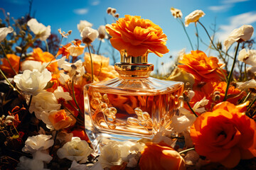 Wall Mural - Bottle of perfume sitting on top of field of flowers.