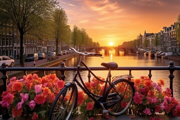 Sticker - Amsterdam canals at sunset with bicycle, Beautiful sunrise over Amsterdam, The Netherlands, with flowers and bicycles on the bridge in spring, AI Generated