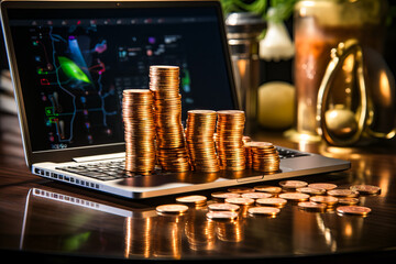 Sticker - Laptop computer sitting on top of desk filled with gold coins.