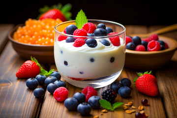 Sticker - Bowl of yogurt and berries on table.