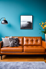 Sticker - Living room with brown leather couch and blue wall.