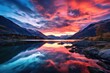 Beautiful sunset over Glencoe lake in Glencoe, Scotland, UK, beautiful twilight sky over a fjord, AI Generated
