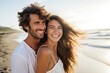 Portrait of a happy young couple embracing on the beach at sunset, Beautiful young couple smiling on a summer day at the beach, AI Generated