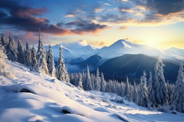 Poster - Fantastic winter landscape glowing by sunlight. Dramatic wintry scene. Carpathian, Ukraine, Europe. Beauty world, Beautiful winter landscape in the Carpathian Mountains, Ukraine, AI Generated