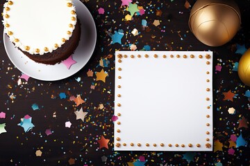 Wall Mural - Birthday cake with blank sheet of paper and golden confetti on dark wooden background, Birthday Cake with Wishing Card Celebration Party, top view, AI Generated