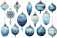 Set Of Pretty Decorated Blue Cream And Gold Hand Painted Watercolor Style, Christmas Ornament Baubles Isolated On White Background