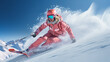 Woman skier jumping in the snow mountains on the slope with her ski and professional equipment on a sunny day, skier on the slope, the process of skiing, copy space